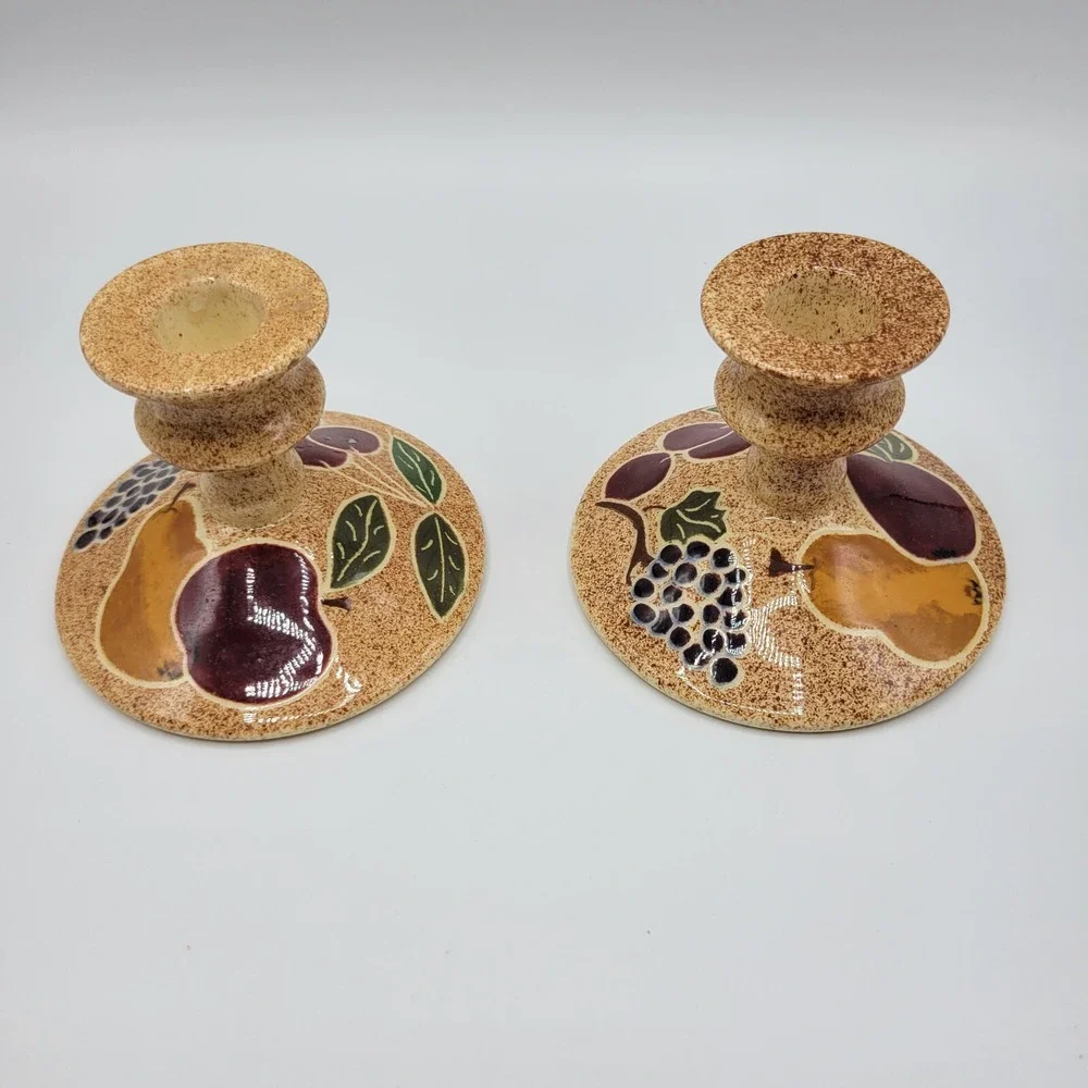 Folk Art Glazed Pottery Pair Candle Stick Holders Signed ARTIA Cherries Fruits